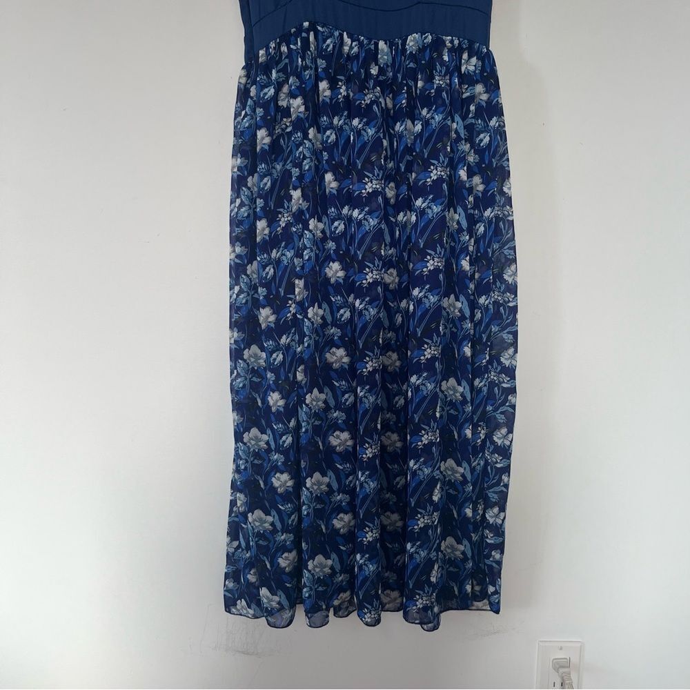 Navy Blue Floral Chiffon Maxi Dress Coastal Cottagecore XL” - Picture 7 of 7